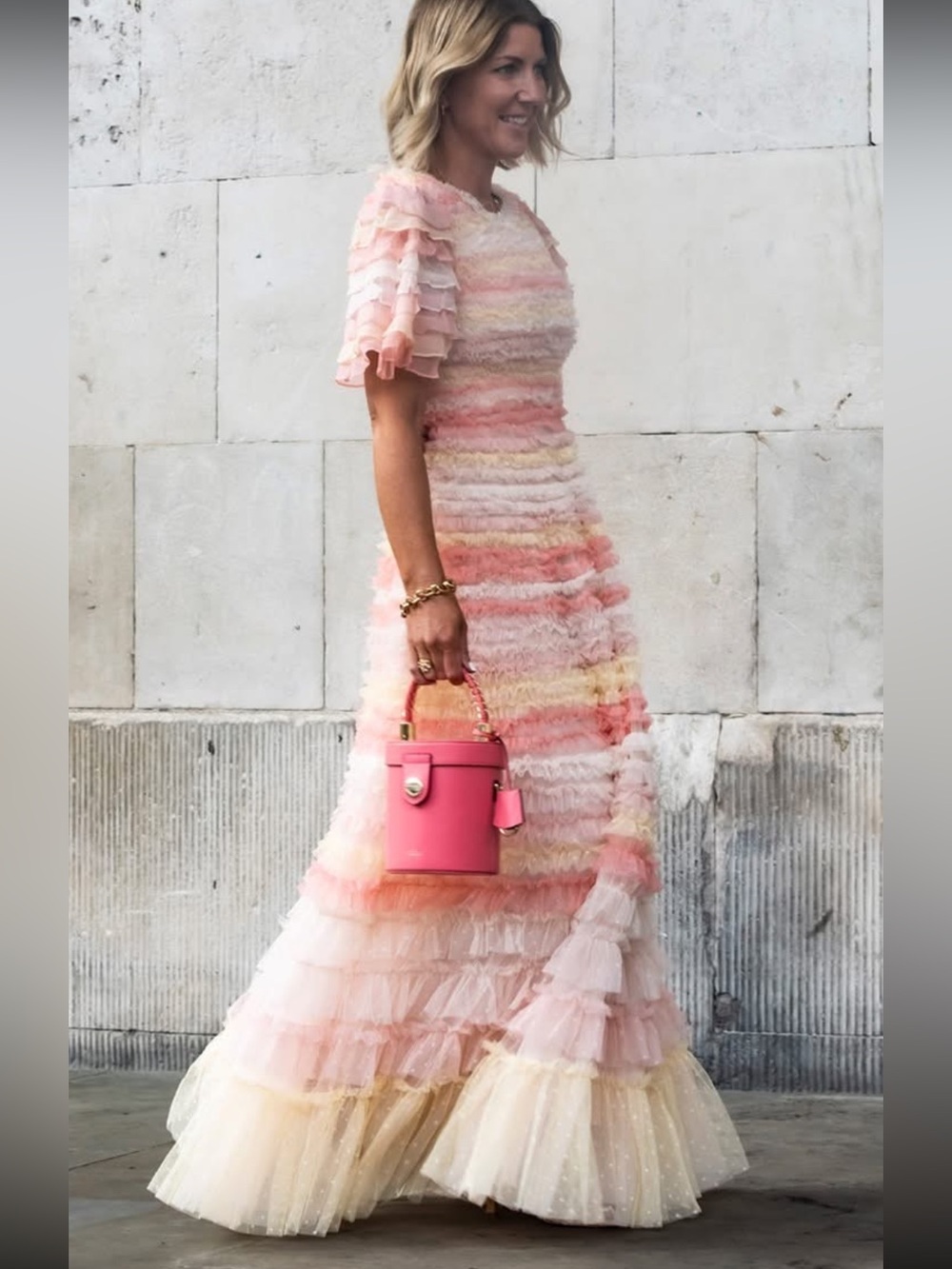 Needle & Thread Luella Ruffle Maxi Stripe Dress in Pink